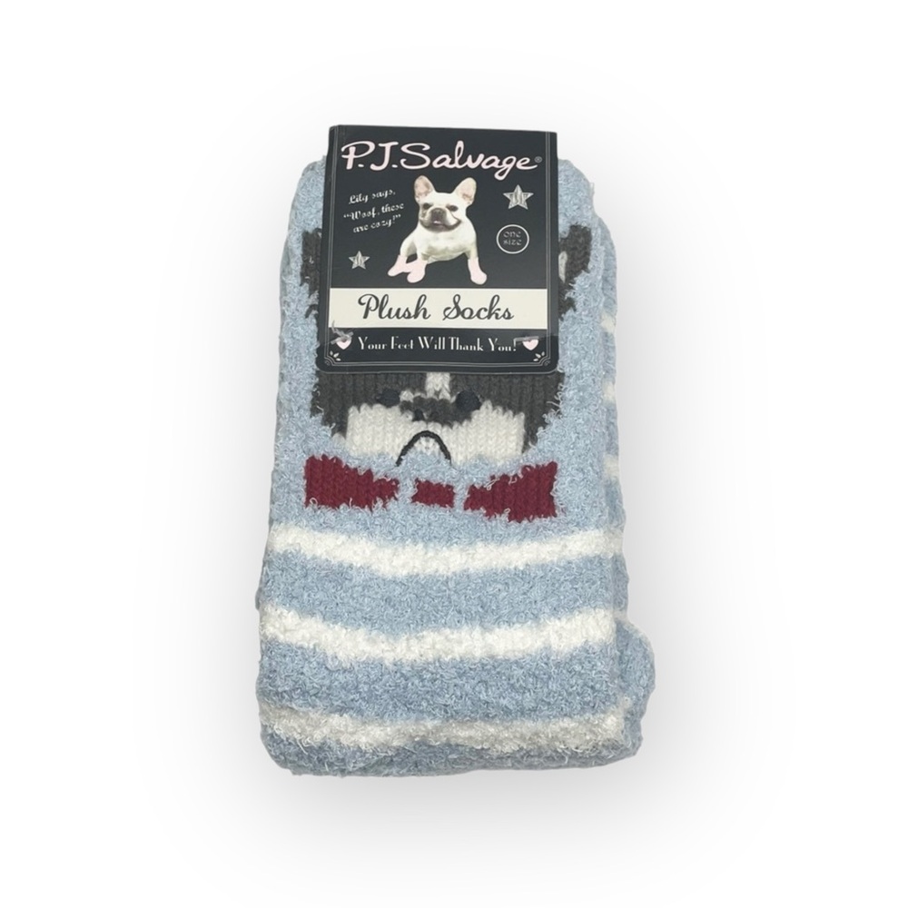 new PJ Salvage 𖠌 Frenchie Dog Plush Super Soft Butter Socks 𖠌 Blue Stripe 𖠌 - Picture 10 of 14